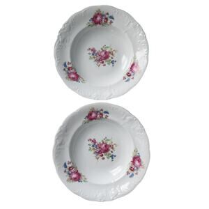 Wawel Poland WAV11 Floral Sprays Embossed Rim Soup Bowls Gold Edge Set Of 2